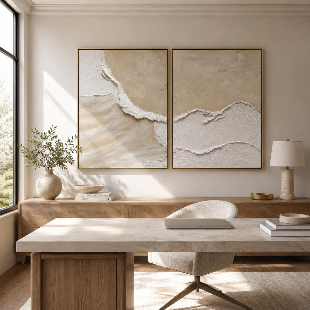 Neutral Textured Ocean Wave Wall Art Set, Hand Painted Beige Abstract Canvas Pair, Large 3D Textured Painting, Coastal Organic Modern Decor - #SJ0329