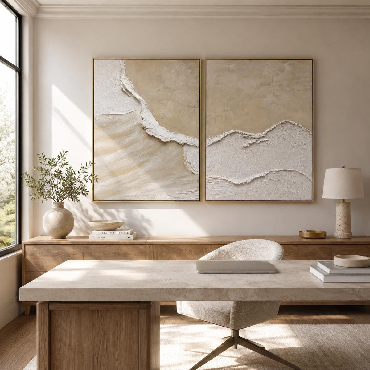 Neutral Textured Ocean Wave Wall Art Set, Hand Painted Beige Abstract Canvas Pair, Large 3D Textured Painting, Coastal Organic Modern Decor - #SJ0329