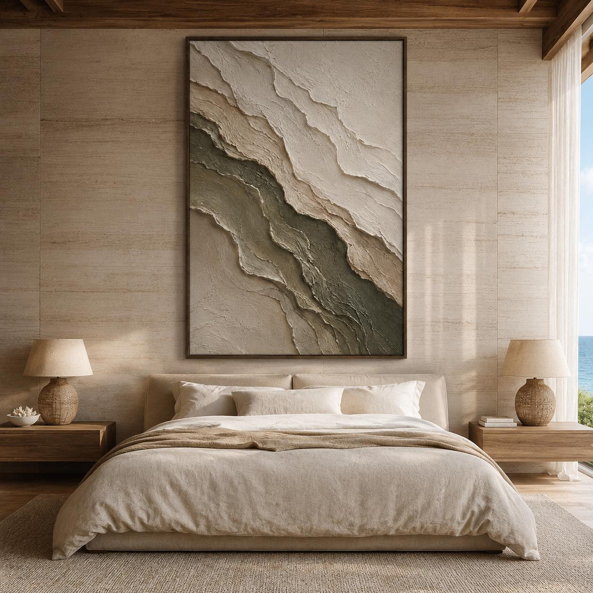 Sage Green Abstract Painting, Textured Flowing Canvas Wall Art, Nature Inspired Plaster Decor, Zen Bedroom Home - Texture Detail Closeup | Seegart