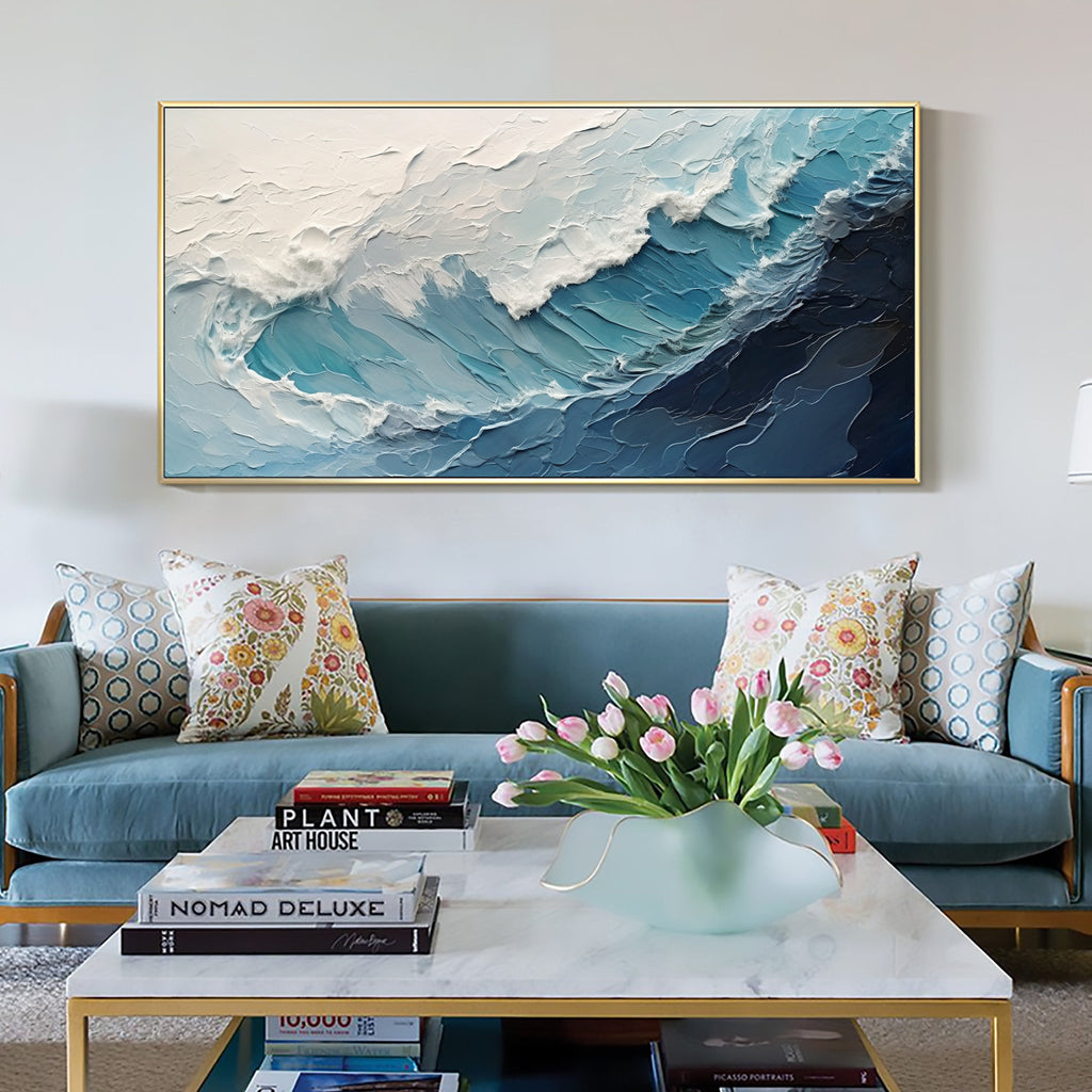 Crashing Ocean Wave Painting, Blue and White Seascape, Modern Coastal Wall Art - SJ#0276