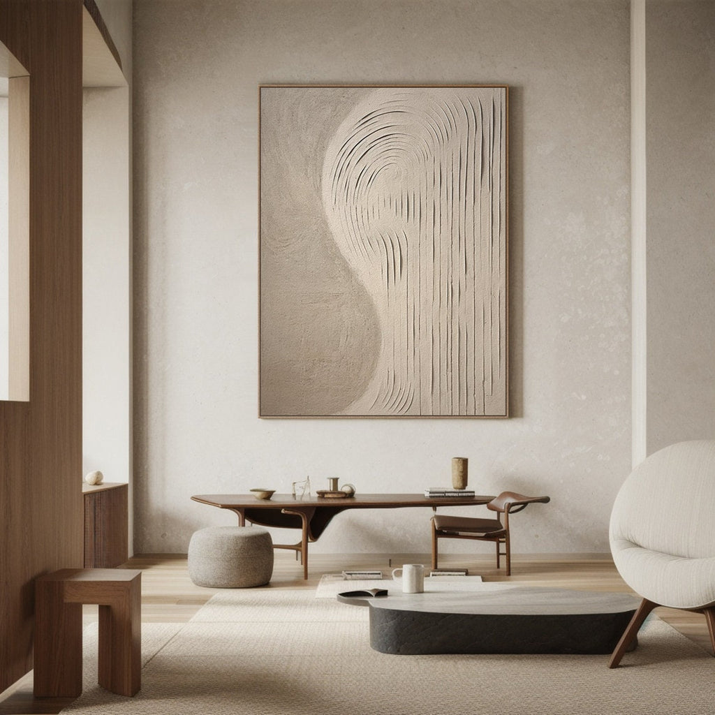 Handmade Cream Beige Painting, 3D Textured Abstract Wall Art, Minimalist Canvas Art for Living Room Decor -SJ#0297