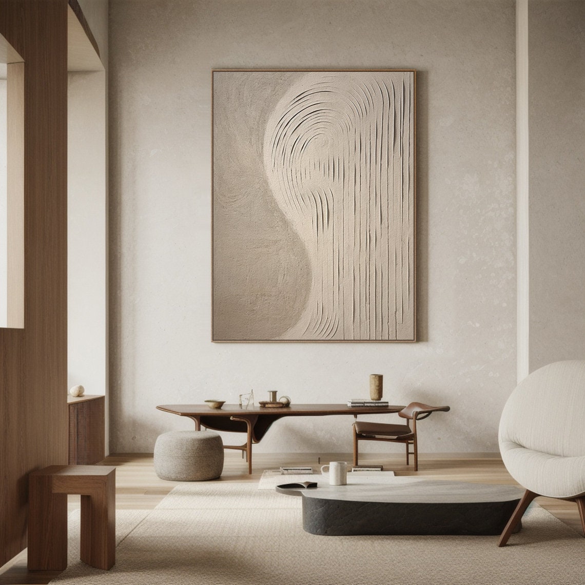 Handmade Cream Beige Painting, 3D Textured Abstract Wall Art, Minimalist Canvas Art for Living Room Decor -SJ#0297
