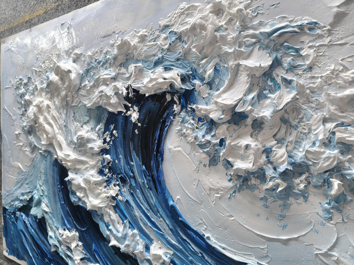 3D Textured Wall Art Original Blue Ocean Wave Oil Painting Abstract Minimalist Impasto Nature Wall Decor Oversized Boho Living Room Wall Art --SJ#0270