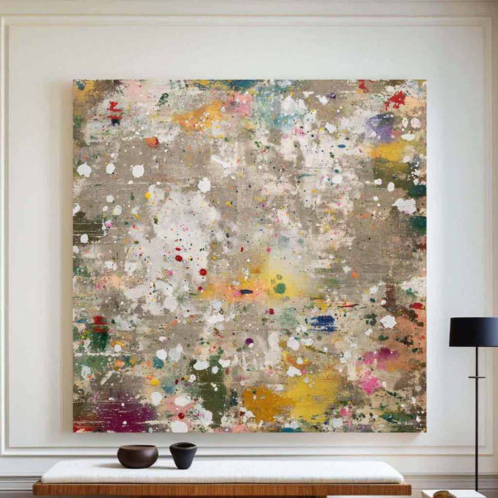 Colorful Abstract Splatter Painting Neutral Textured Wall Art Large Square Modern Canvas -SJ#0311（副本）