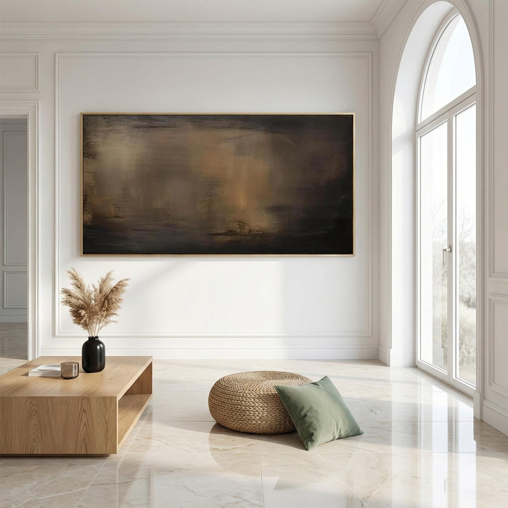 Moody Abstract Painting, Dark Brown Panoramic Canvas Art, Rustic Modern Living Room Decor -SJ#0285