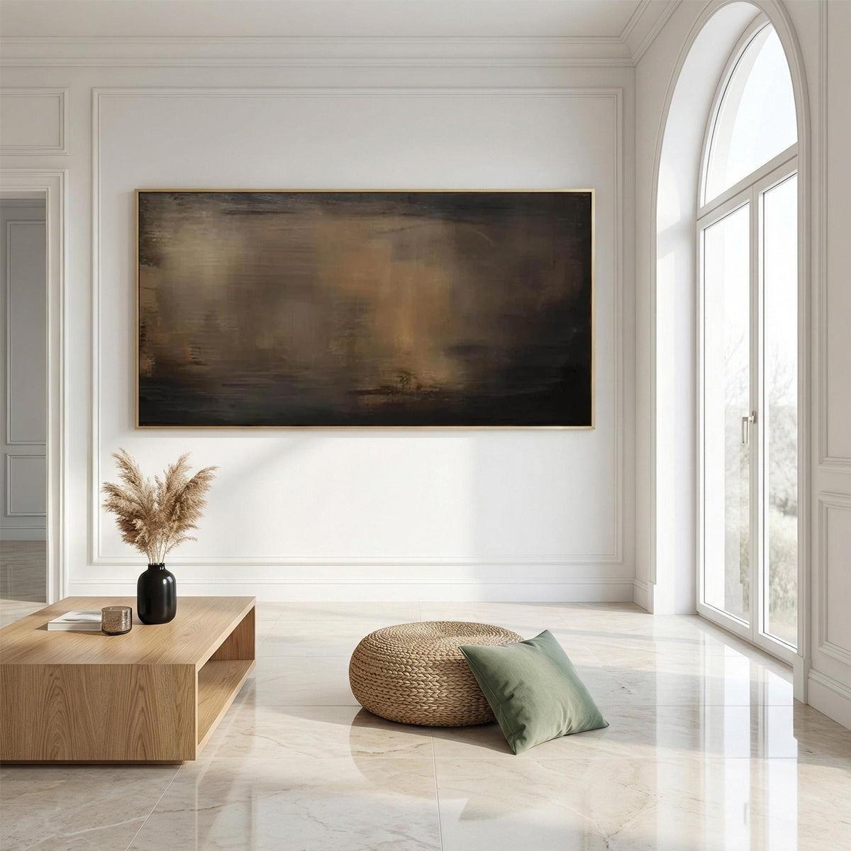 Moody Abstract Painting, Dark Brown Panoramic Canvas Art, Rustic Modern Living Room Decor -SJ#0285