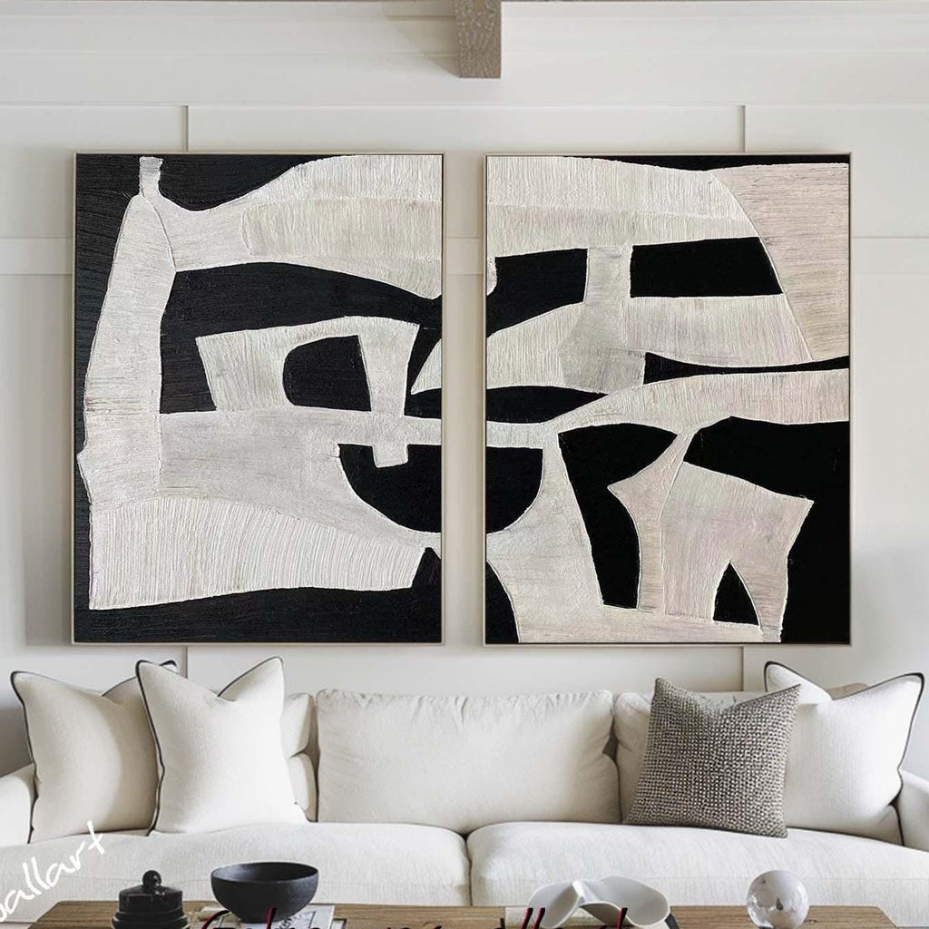Black & White Textured Wall Art Modern Abstract Painting Set of 2 Minimalist Canvas - Etsy -SJ#0292
