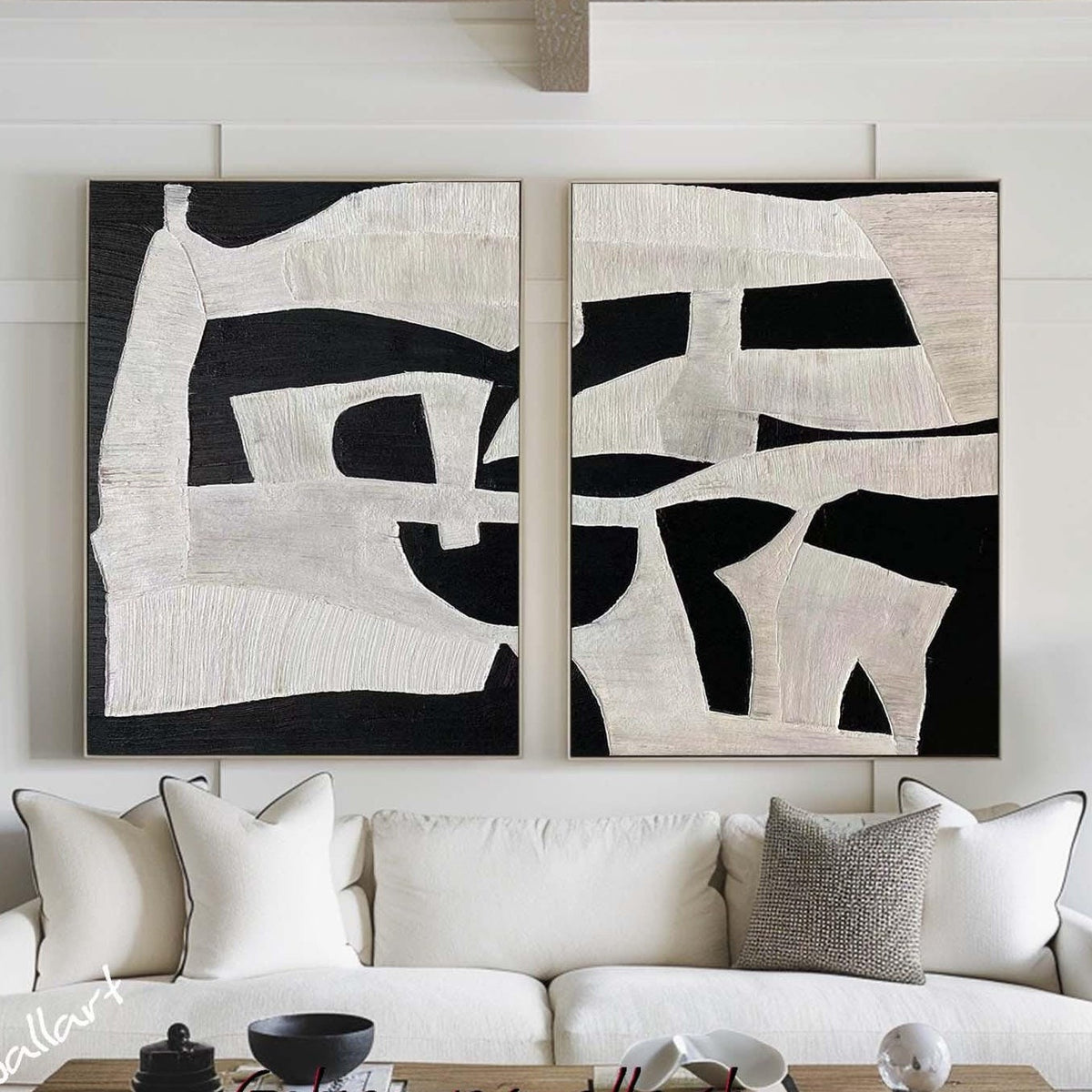 Black & White Textured Wall Art Modern Abstract Painting Set of 2 Minimalist Canvas - Etsy -SJ#0292