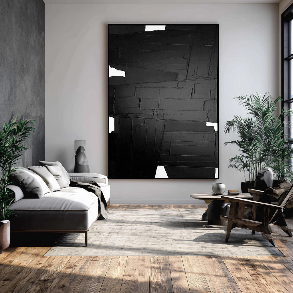 Textured Black and White Geometric Art – Framed Minimalist Plaster Wall Decor -SJ#0309