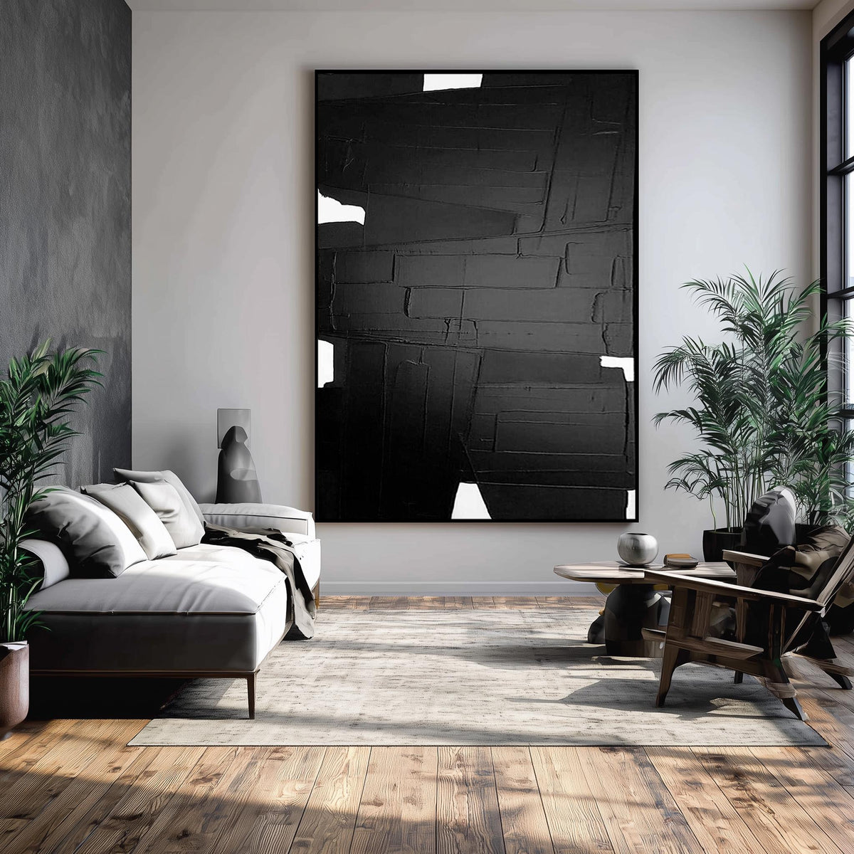 Textured Black and White Geometric Art – Framed Minimalist Plaster Wall Decor -SJ#0309