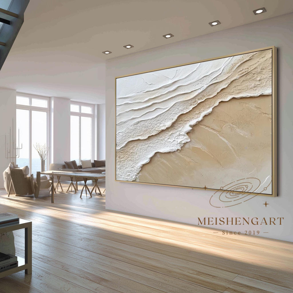 3D Ocean Waves Painting_ Beach Abstract Art Beige Textured Wabi-sabi Wall Decor -SJ#0269