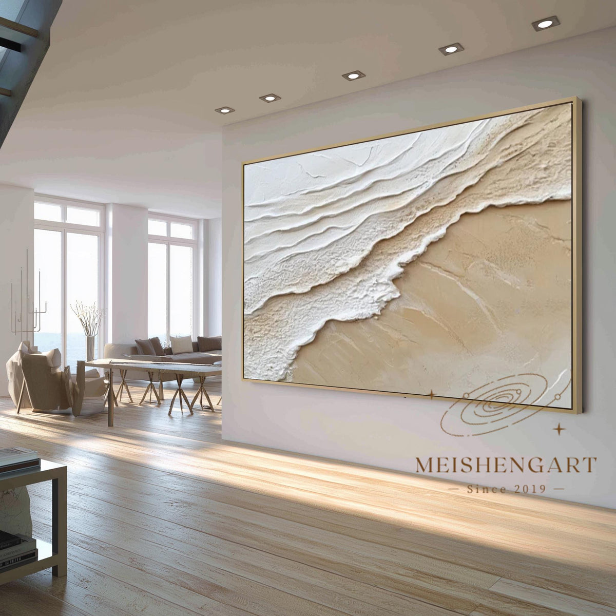 3D Ocean Waves Painting_ Beach Abstract Art Beige Textured Wabi-sabi Wall Decor -SJ#0269