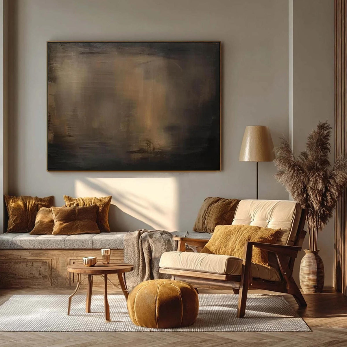 Moody Abstract Painting, Dark Brown Panoramic Canvas Art, Rustic Modern Living Room Decor -SJ#0285