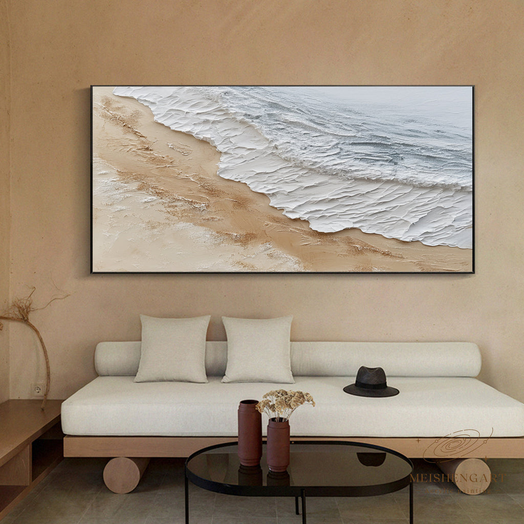Heavy Textured Ocean Wave Painting_ Minimalist Beach Impasto Art on Canvas - SJ#0280