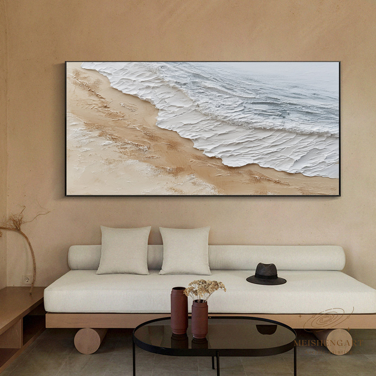 Heavy Textured Ocean Wave Painting_ Minimalist Beach Impasto Art on Canvas - SJ#0280