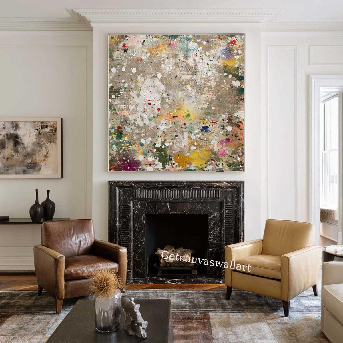 Colorful Abstract Splatter Painting Neutral Textured Wall Art Large Square Modern Canvas -SJ#0311（副本）