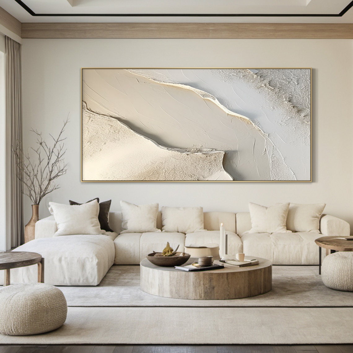 Large White Canvas Abstract Painting, Beige Minimalist Wall Art, Beige Textured Hand Painting, Modern Stylish Home Decor -SJ#0284