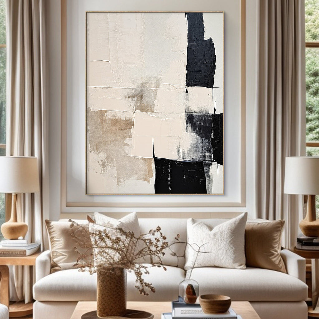 Cream Beige and Black Abstract Oil Painting, Textured Neutral Canvas Art, Modern Minimalist Living Room Decor - SJ#0296