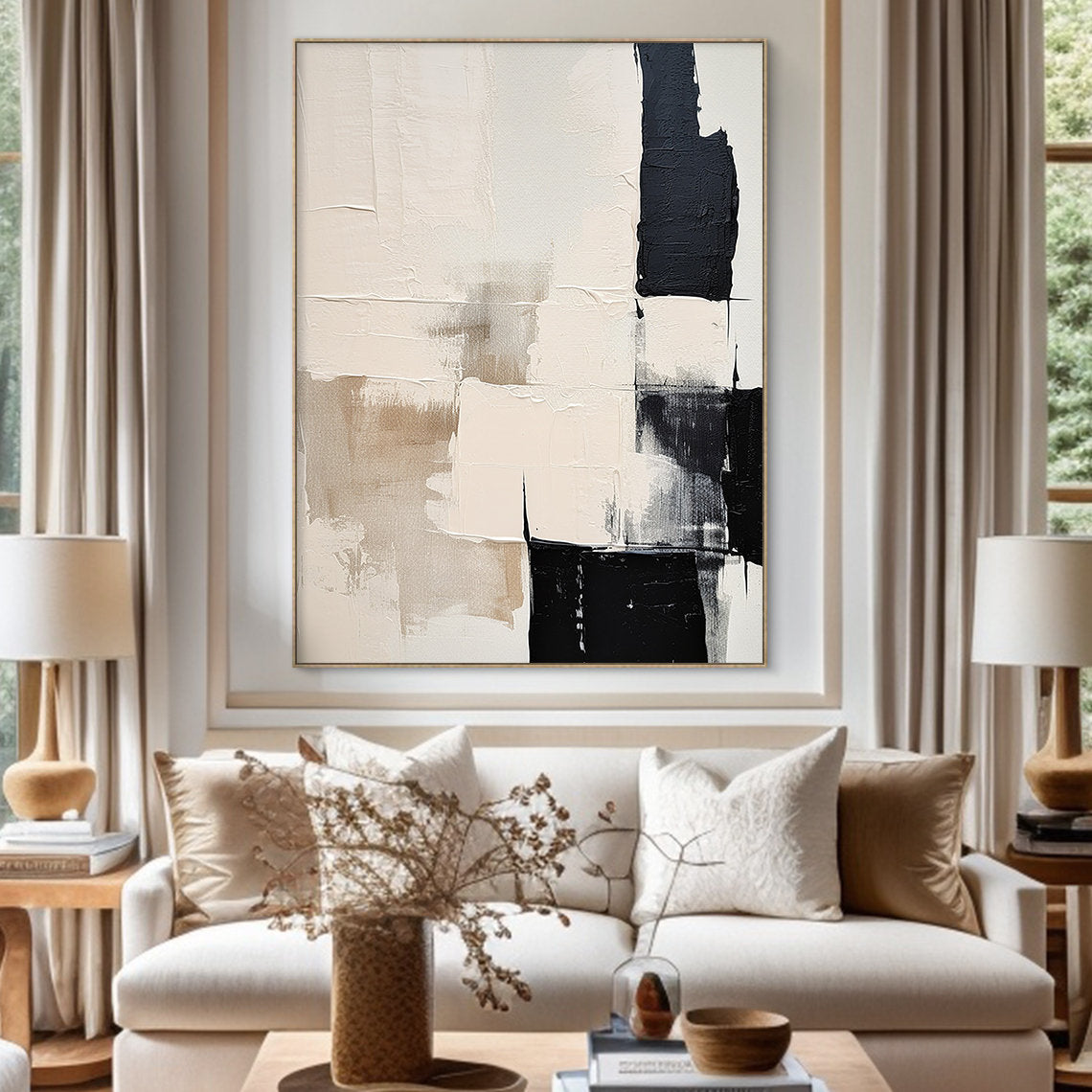 Cream Beige and Black Abstract Oil Painting, Textured Neutral Canvas Art, Modern Minimalist Living Room Decor - SJ#0296