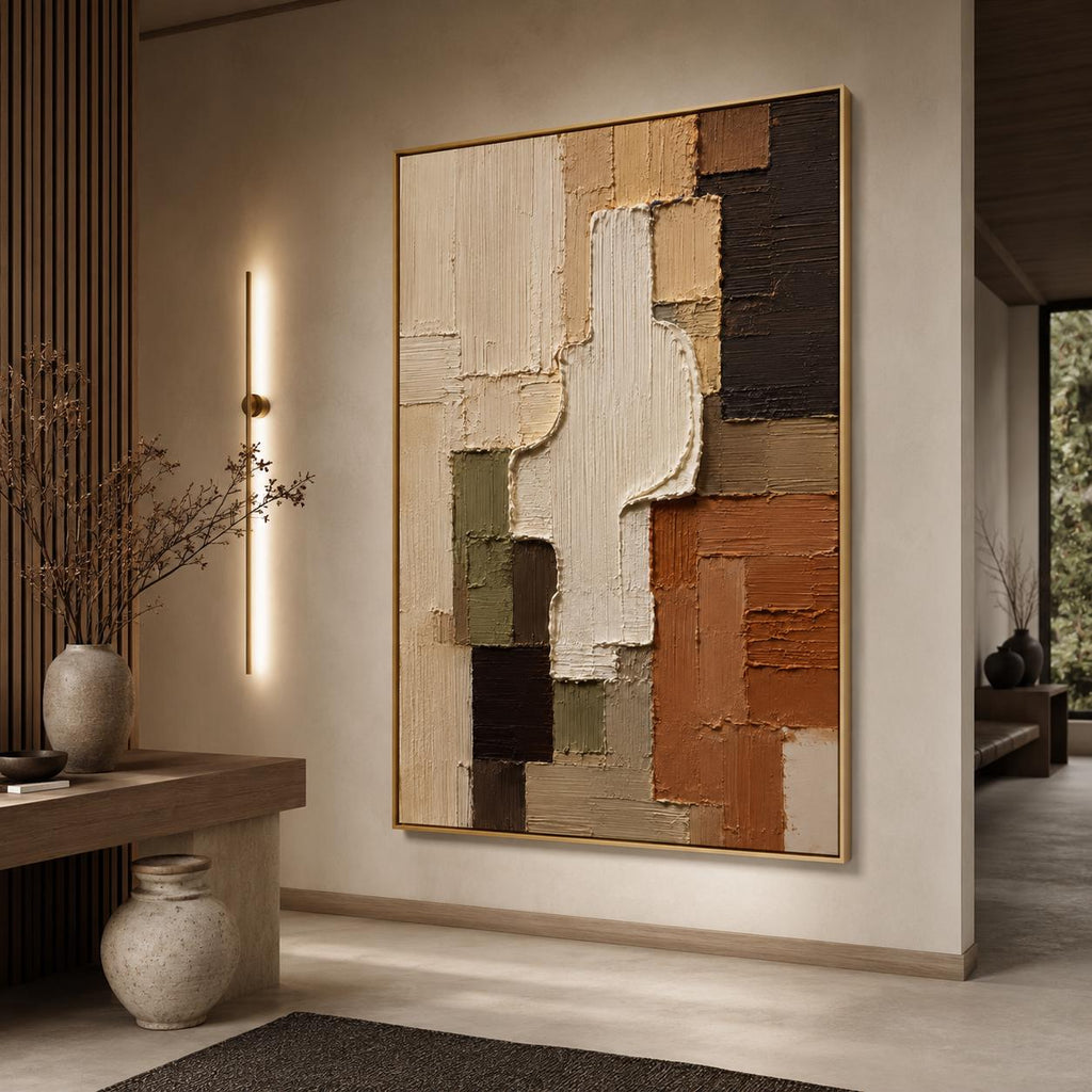 Abstract Geometric Painting, Thick Impasto Canvas Wall Art, Textured Earth Tone Neutral Decor, Modern Minimalist Living Room Gifts -SJ#0289