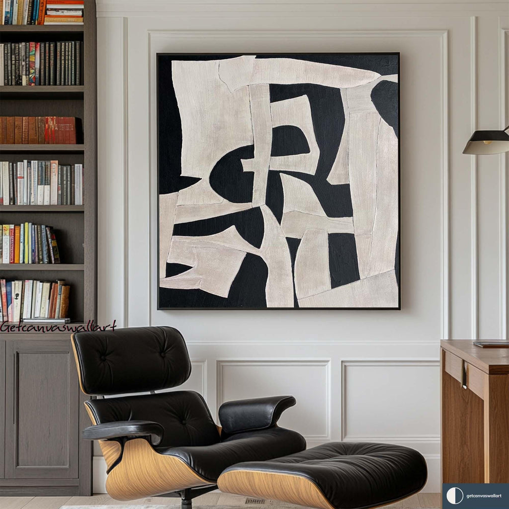 Large Black White Abstract Painting Contemporary Textured Wall Art Modern Minimalist Canvas -SJ#0313