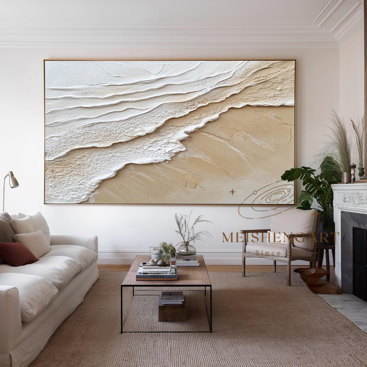 3D Ocean Waves Painting_ Beach Abstract Art Beige Textured Wabi-sabi Wall Decor -SJ#0269