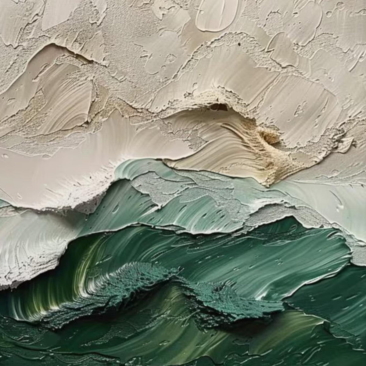 Large Textured Ocean Wave Painting, 3D Impasto Beach Painting on Canvas, Minimalist Green & Beige Wall Art, Coastal Wall Art for Living Room -SJ#0283