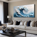 3D Textured Wall Art Original Blue Ocean Wave Oil Painting Abstract Minimalist Impasto Nature Wall Decor Oversized Boho Living Room Wall Art --SJ#0270