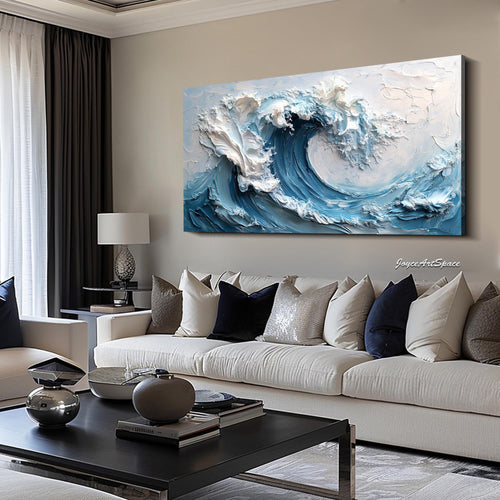 3D Textured Wall Art Original Blue Ocean Wave Oil Painting Abstract Minimalist Impasto Nature Wall Decor Oversized Boho Living Room Wall Art --SJ#0270