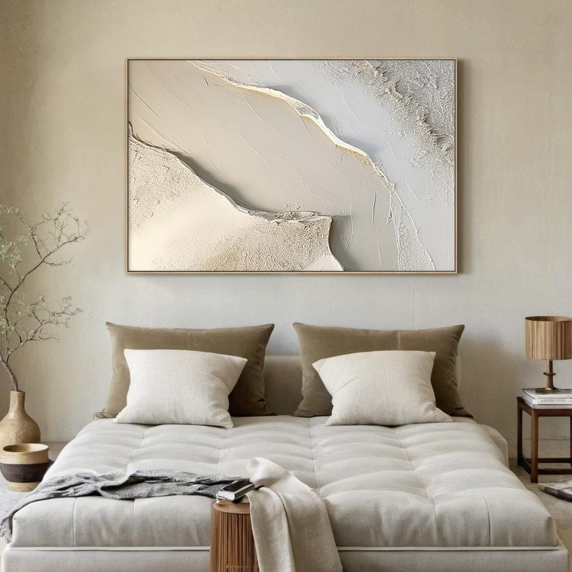 Large White Canvas Abstract Painting, Beige Minimalist Wall Art, Beige Textured Hand Painting, Modern Stylish Home Decor - White