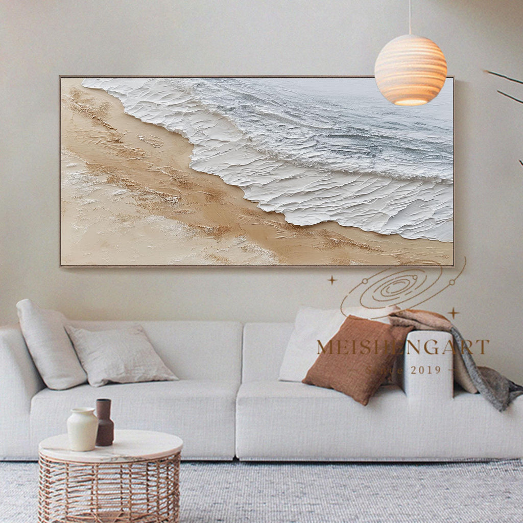 Heavy Textured Ocean Wave Painting_ Minimalist Beach Impasto Art on Canvas - SJ#0280