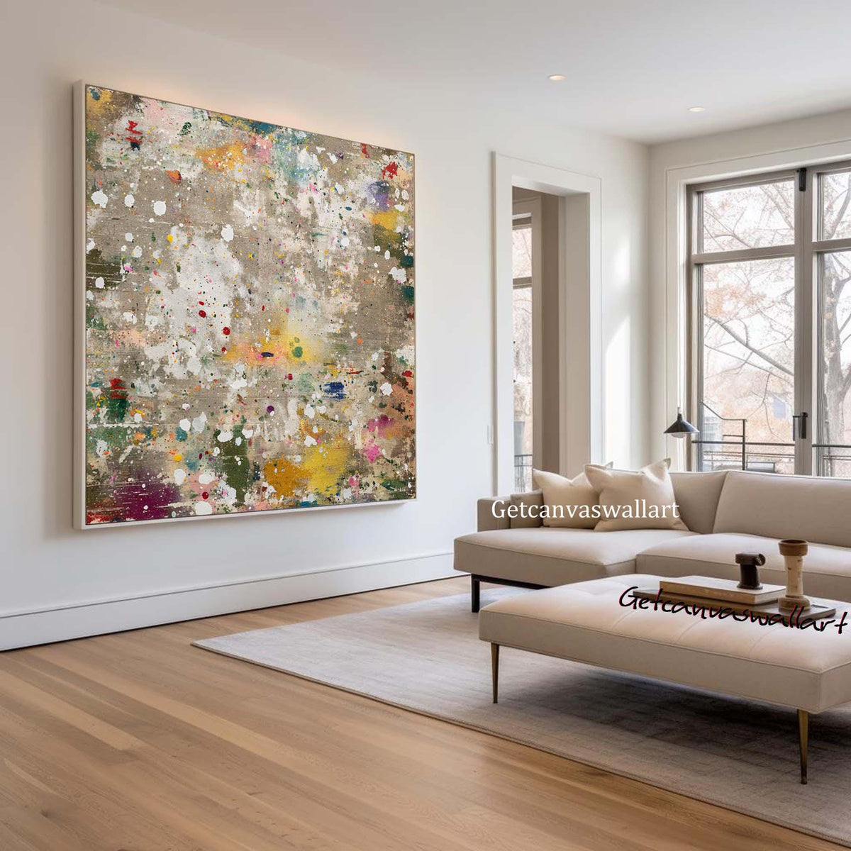 Colorful Abstract Splatter Painting Neutral Textured Wall Art Large Square Modern Canvas -SJ#0311（副本）