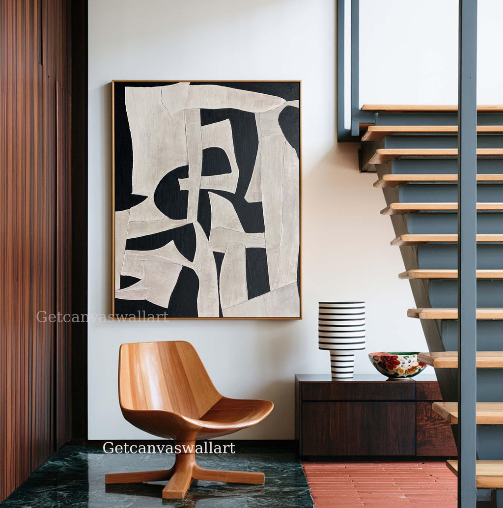 Black Beige Abstract Wall Art Large Textured Modern Painting Wabi Sabi Minimalist Canvas -SJ#0293
