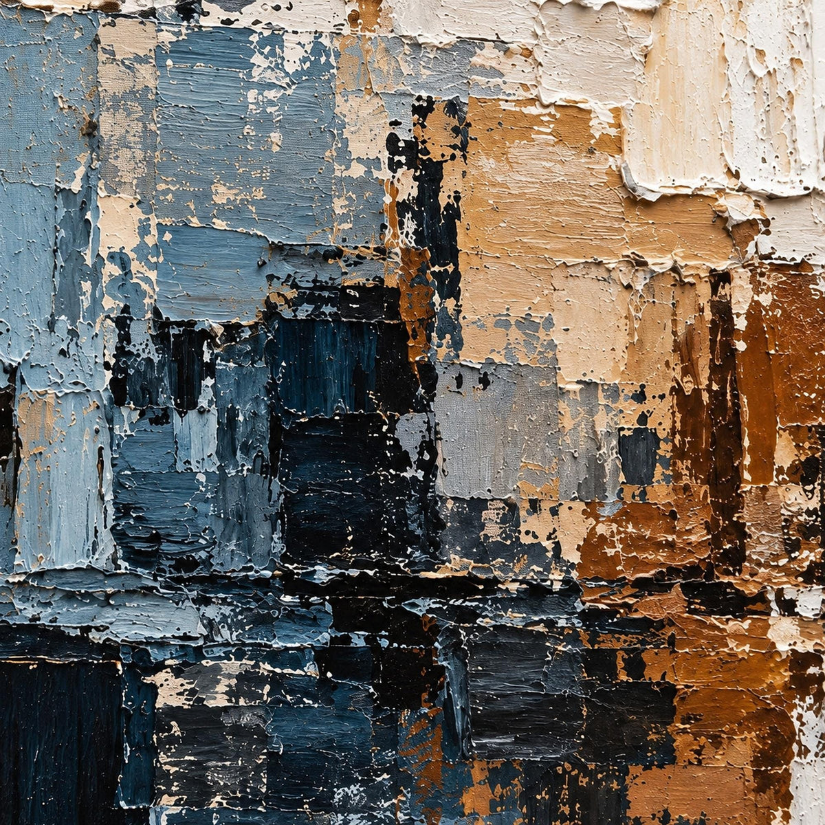 Blue Beige Textured Abstract Painting, Geometric Wall Art, Large Horizontal Canvas -SJ#0275