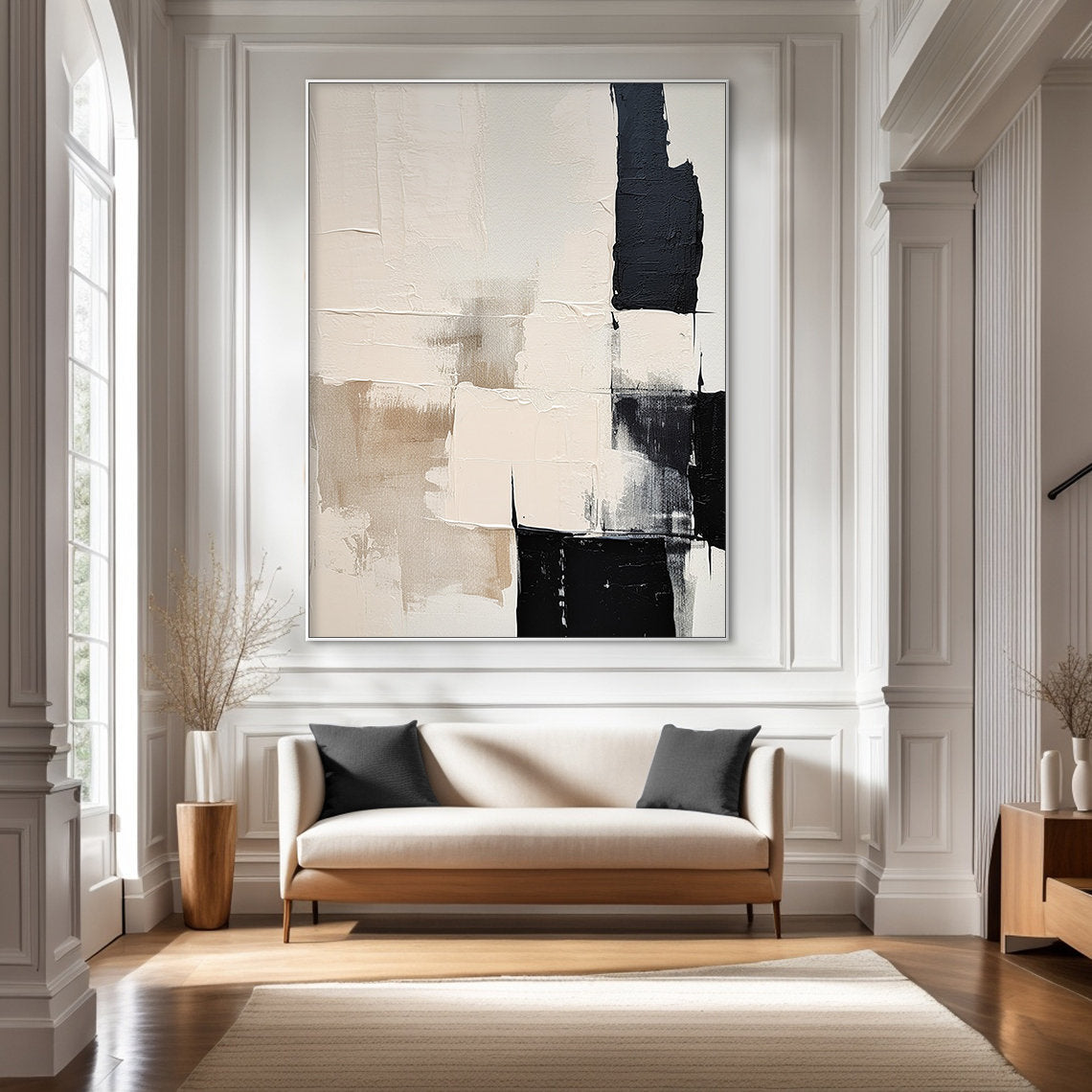 Cream Beige and Black Abstract Oil Painting, Textured Neutral Canvas Art, Modern Minimalist Living Room Decor - SJ#0296