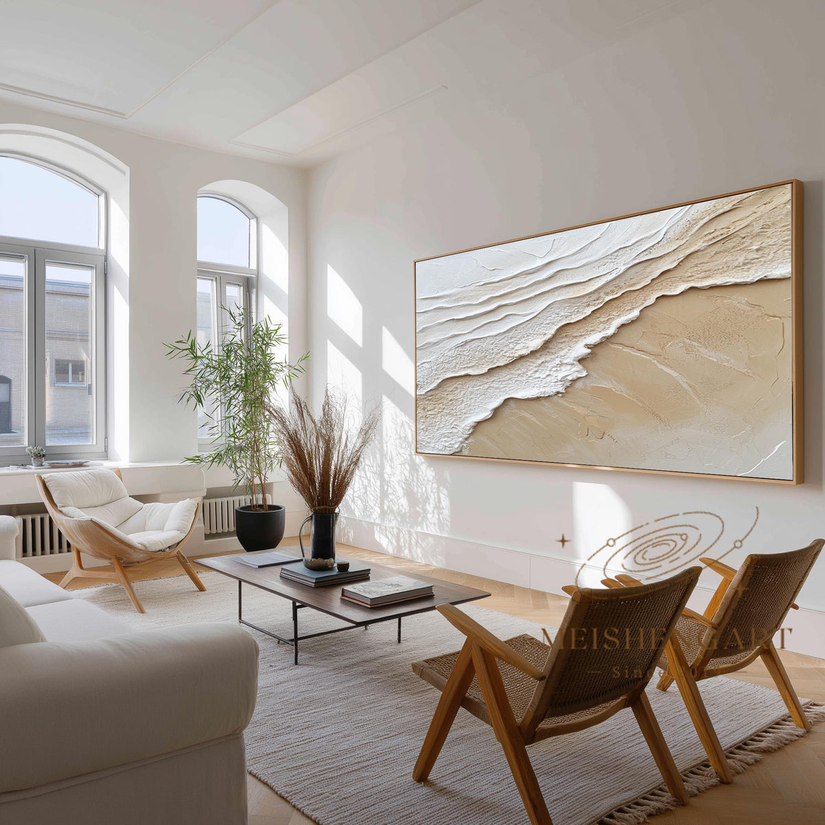 3D Ocean Waves Painting_ Beach Abstract Art Beige Textured Wabi-sabi Wall Decor -SJ#0269