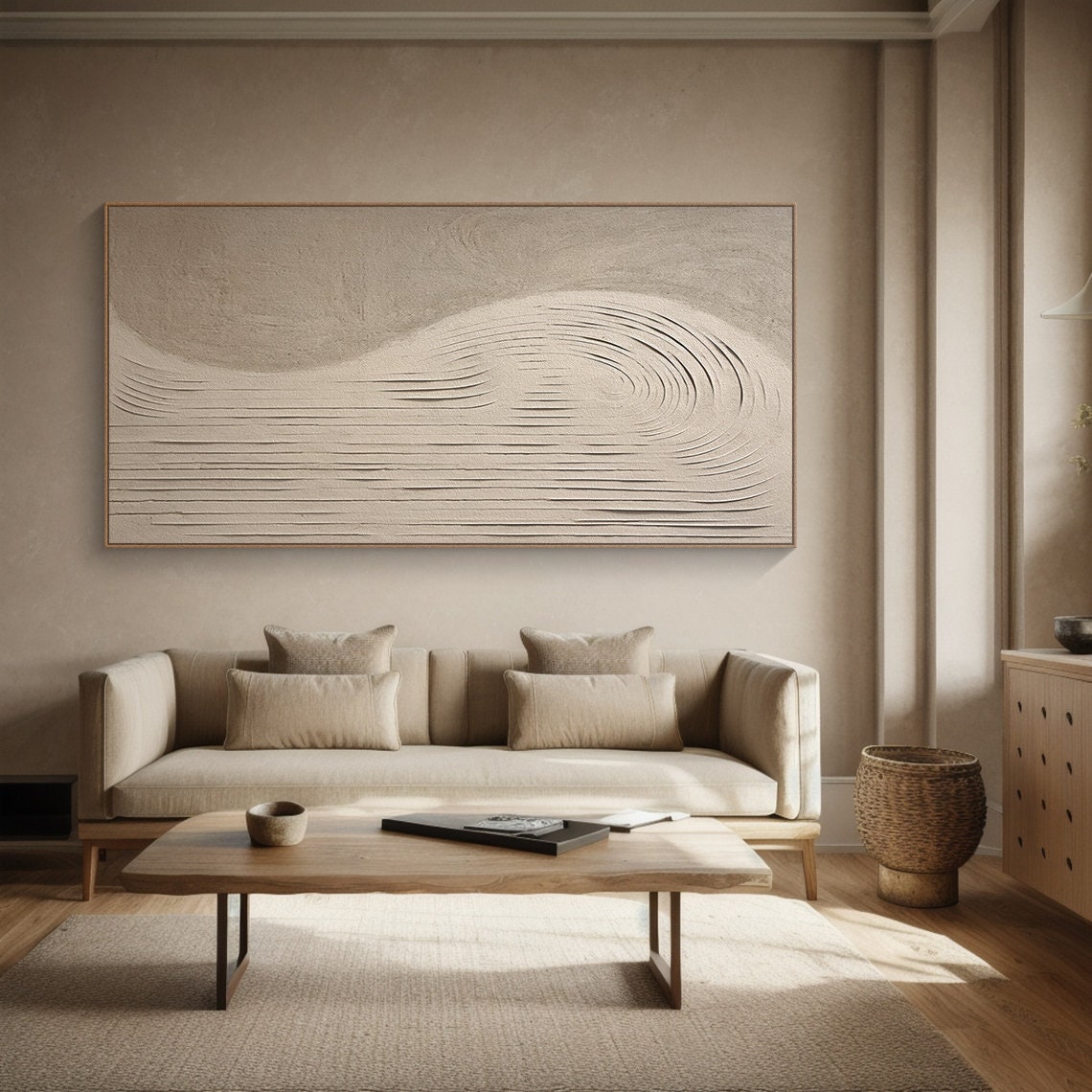 Handmade Cream Beige Painting, 3D Textured Abstract Wall Art, Minimalist Canvas Art for Living Room Decor