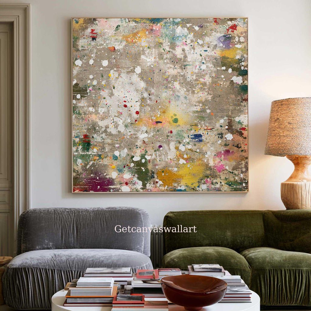 Colorful Abstract Splatter Painting Neutral Textured Wall Art Large Square Modern Canvas -SJ#0311（副本）