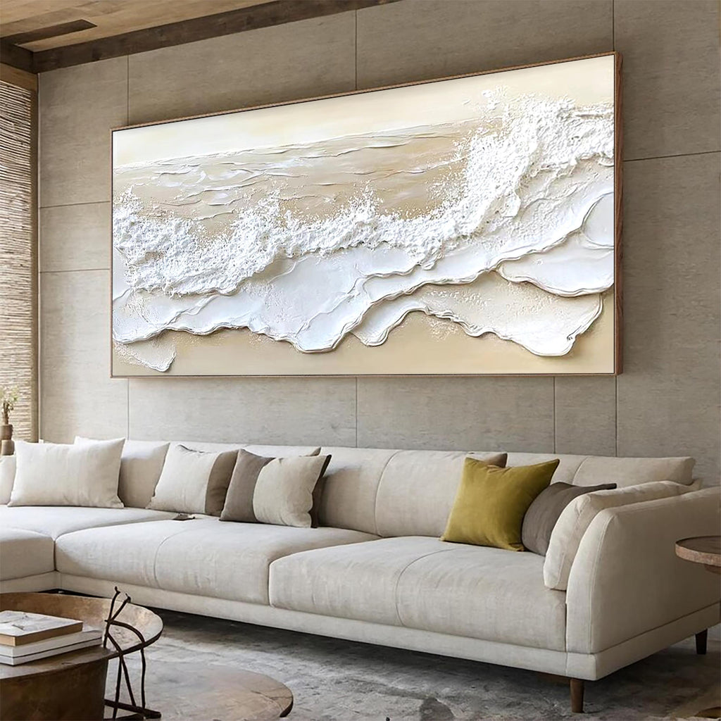 Textured Ocean Waves Painting_ 3D Beige Wabi-sabi Canvas Art -SJ#0286