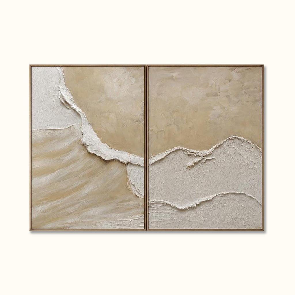 Neutral Textured Ocean Wave Wall Art Set, Hand Painted Beige Abstract Canvas Pair, Large 3D Textured Painting, Coastal Organic Modern Decor - #SJ0329