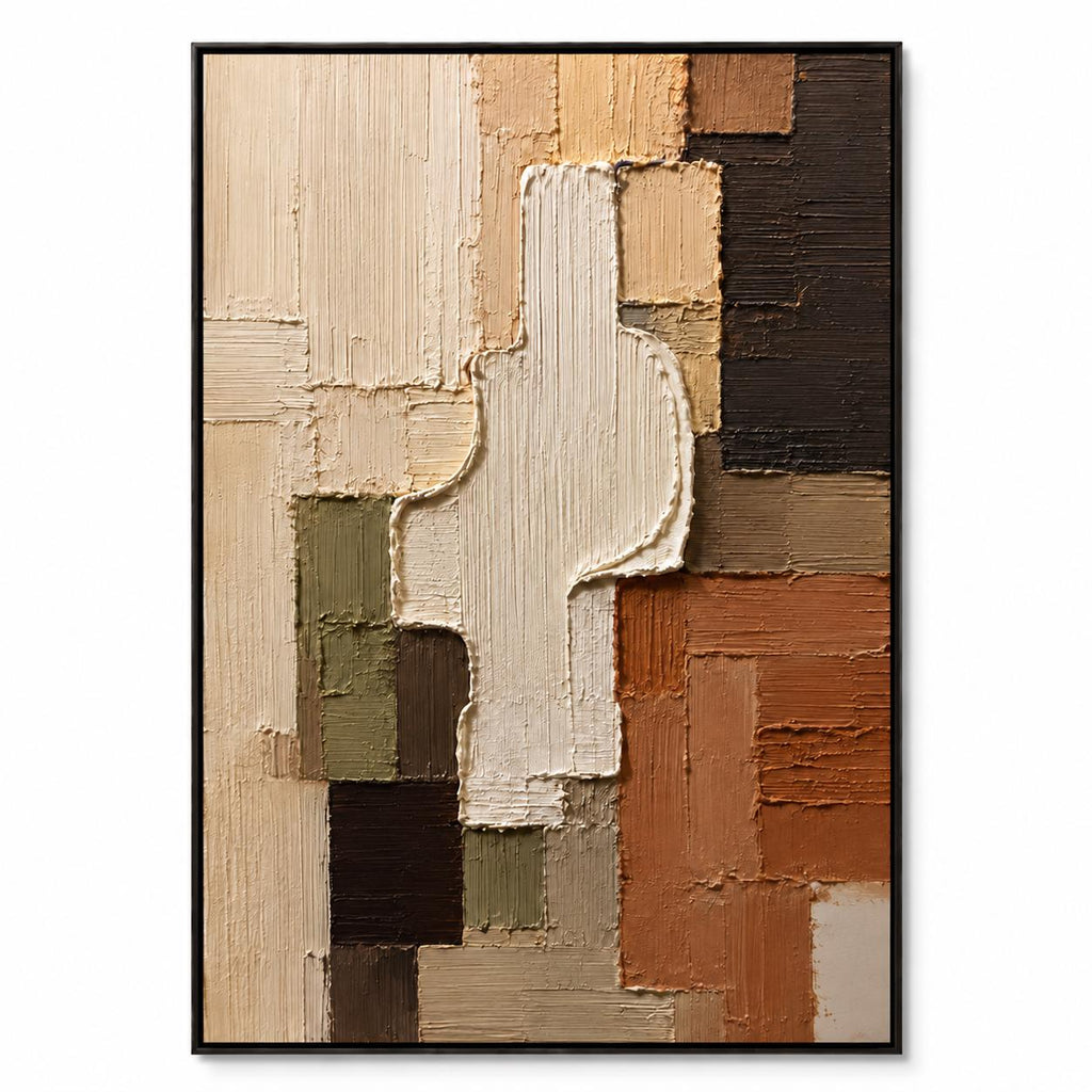 Abstract Geometric Painting, Thick Impasto Canvas Wall Art, Textured Earth Tone Neutral Decor, Modern Minimalist Living Room Gifts - Main Product Image | Seegart