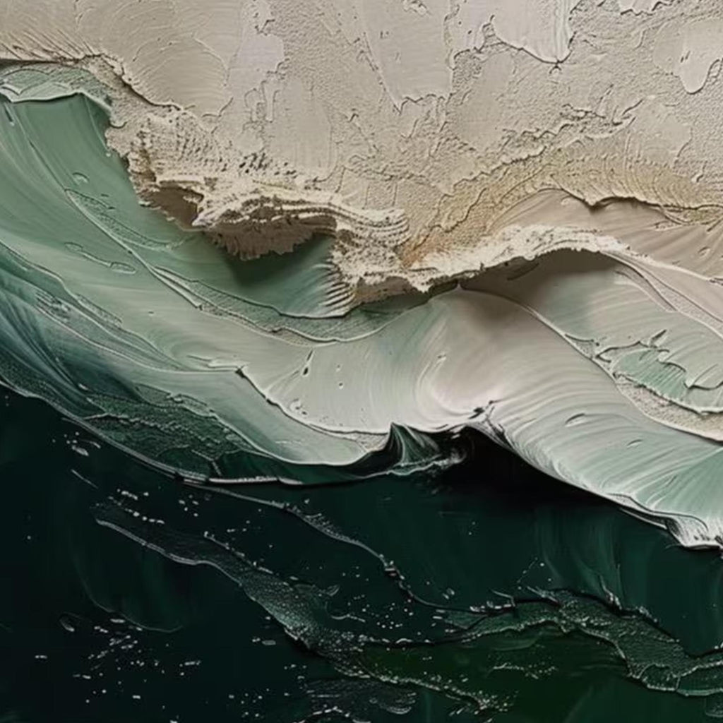 Large Textured Ocean Wave Painting, 3D Impasto Beach Painting on Canvas, Minimalist Green & Beige Wall Art, Coastal Wall Art for Living Room -SJ#0283