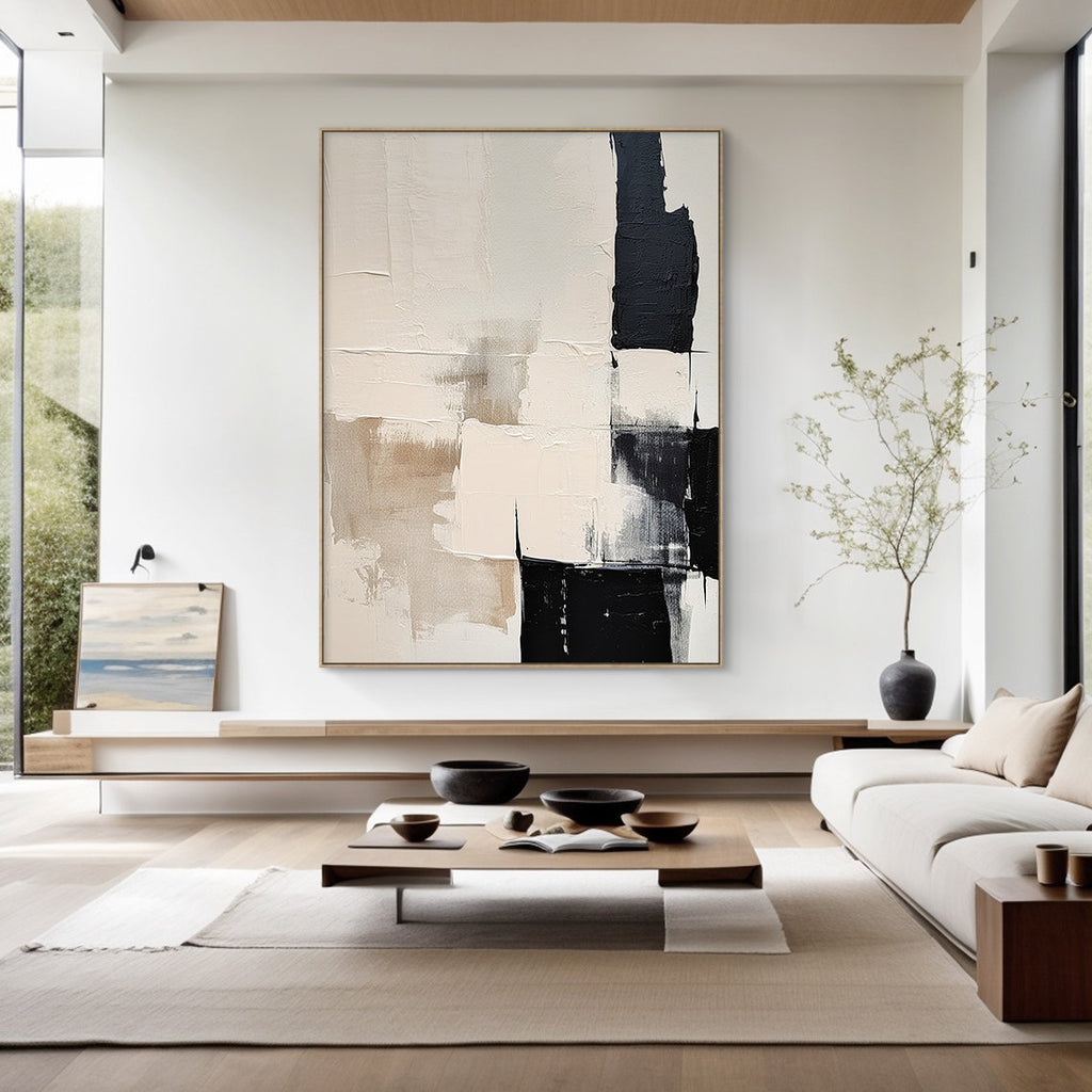 Cream Beige and Black Abstract Oil Painting, Textured Neutral Canvas Art, Modern Minimalist Living Room Decor - SJ#0296