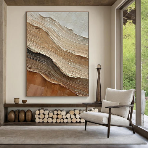 3D Textured Wave Abstract Painting, Neutral Coastal Wall Art, Earth Tone Canvas Art for Living Room Decor - SJ#0271