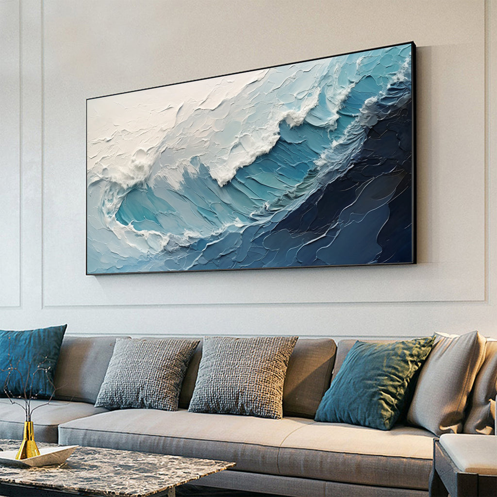Crashing Ocean Wave Painting, Blue and White Seascape, Modern Coastal Wall Art - SJ#0276