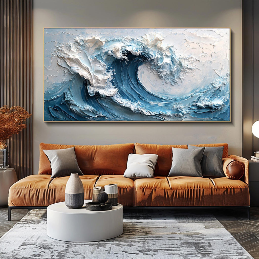 3D Textured Wall Art Original Blue Ocean Wave Oil Painting Abstract Minimalist Impasto Nature Wall Decor Oversized Boho Living Room Wall Art hand-painted wall art (view 5) | Seegart