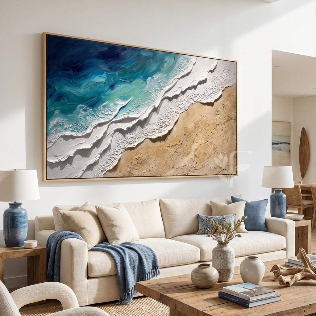Abstract Seascape Textured Oil Painting, Large Coastal Wave Wall Art,handmade 3D Impasto Seafoam Beach Canvas,modern Living Room Ocean Decor - SJ#0273