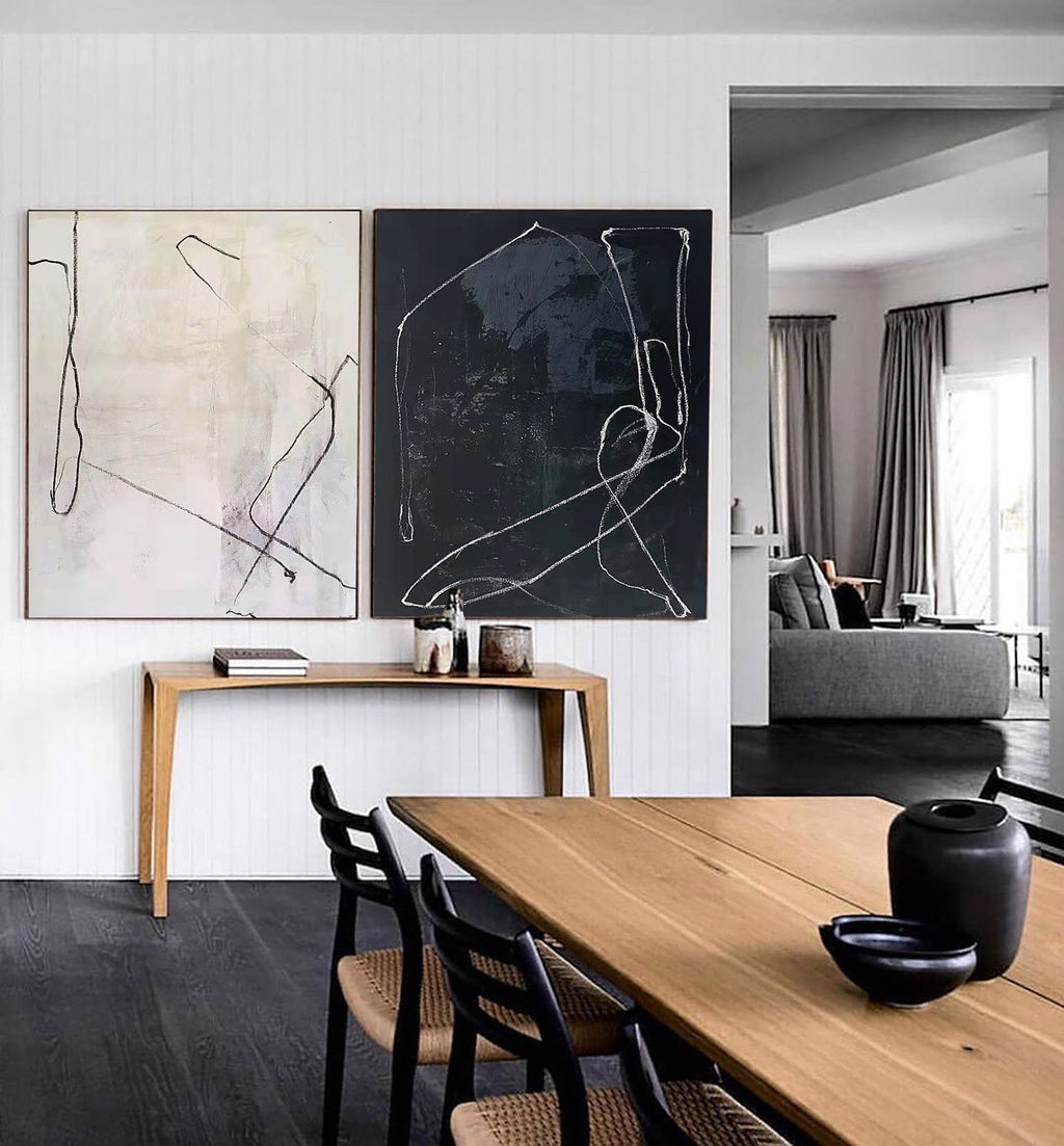 Set of 2 Abstract Line Canvas Art Black White Minimalist Oil Painting Japandi Home Artwork -SJ#0307