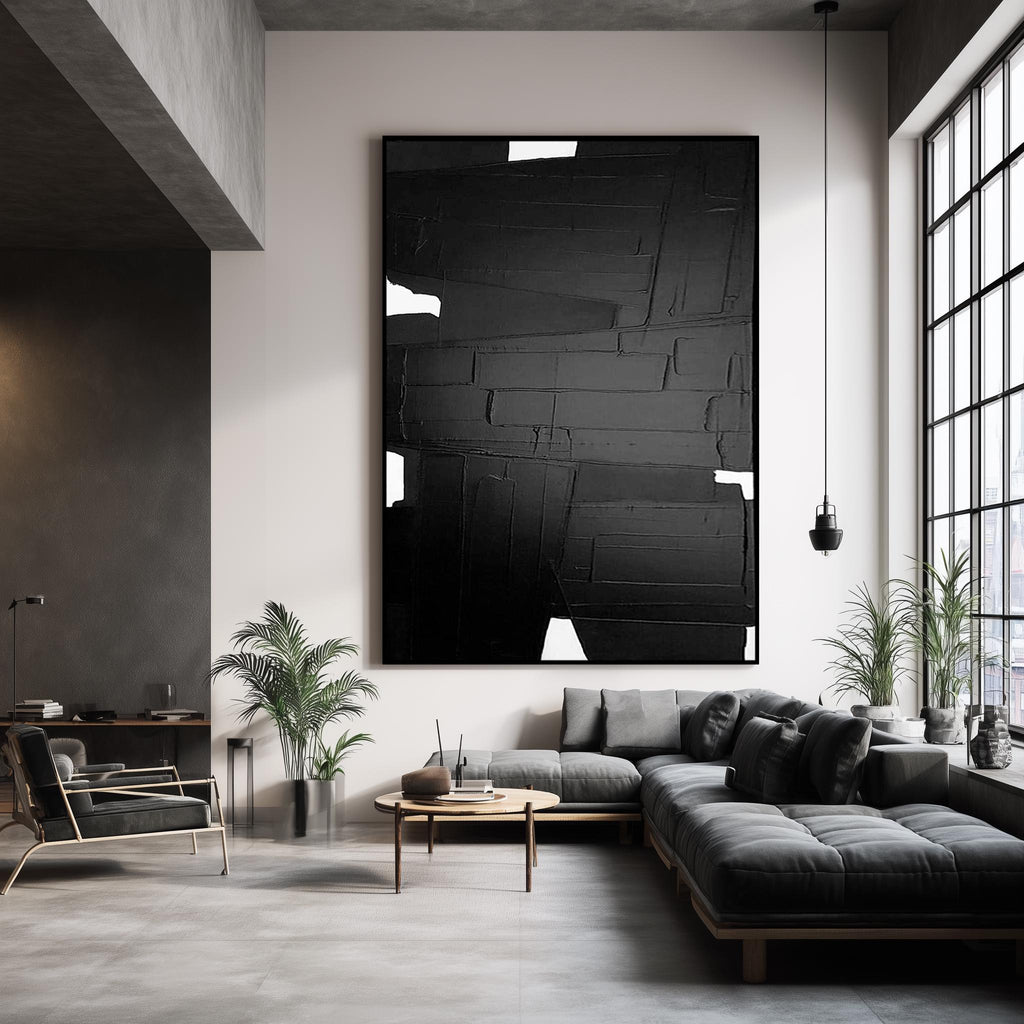 Textured Black and White Geometric Art – Framed Minimalist Plaster Wall Decor -SJ#0309