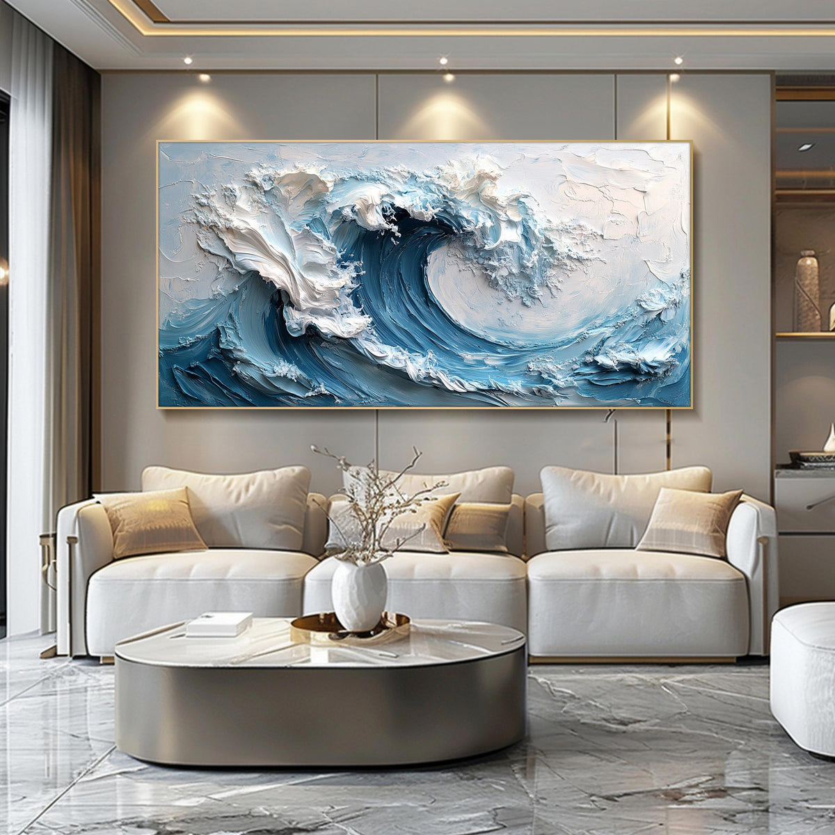 3D Textured Wall Art Original Blue Ocean Wave Oil Painting Abstract Minimalist Impasto Nature Wall Decor Oversized Boho Living Room Wall Art - Texture Detail Closeup | Seegart